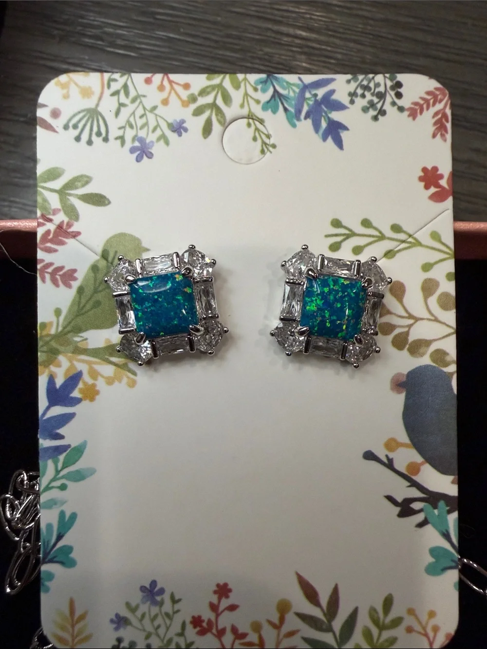 Bomb Party Sterling-Tone Blue Opal Square Necklace and Stud Earrings Set